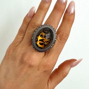 Chunky Leopard Print & Rhinestone Statement Cocktail Ring - Adjustable